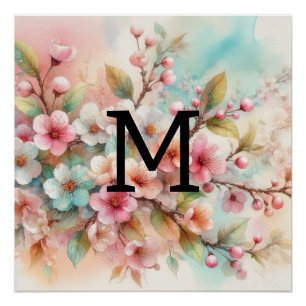 Floral watercolor monogram pink cherry blossoms  poster