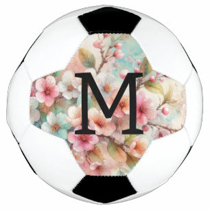 Floral watercolor monogram pink cherry blossoms  soccer ball