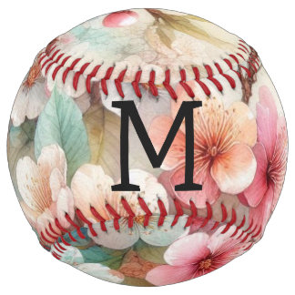 Floral watercolor monogram pink cherry blossoms  softball