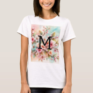 Floral watercolor monogram pink cherry blossoms T-Shirt