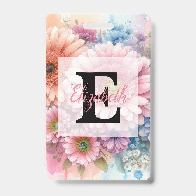 Floral watercolor monogram pink gerbera daisies  badge (Front)
