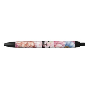 Floral watercolor monogram pink gerbera daisies black ink pen