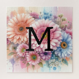 Floral watercolor monogram pink gerbera daisies  jigsaw puzzle