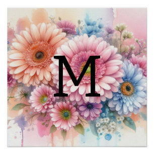 Floral watercolor monogram pink gerbera daisies poster