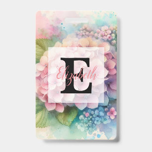 Floral watercolor monogram pink hydrangea badge