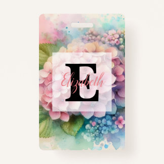 Floral watercolor monogram pink hydrangea  badge