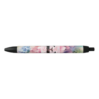 Floral watercolor monogram pink hydrangea  black ink pen