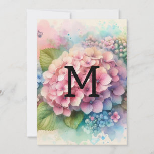 Floral watercolor monogram pink hydrangea invitation