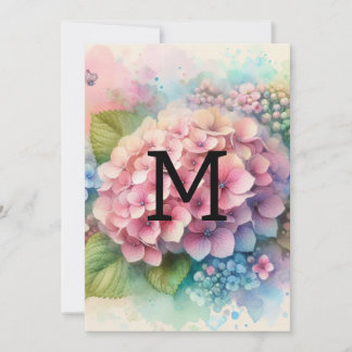 Floral watercolor monogram pink hydrangea  invitation