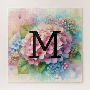 Floral watercolor monogram pink hydrangea jigsaw puzzle