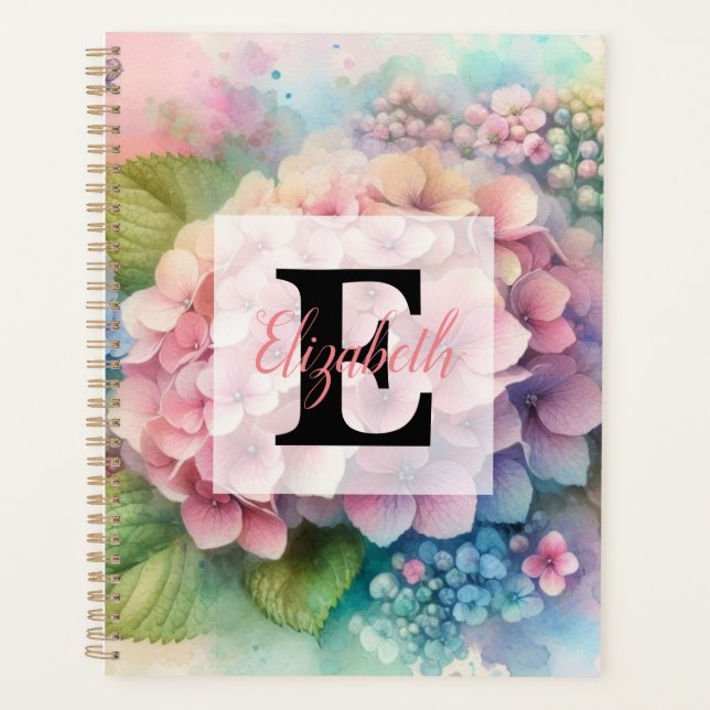 Floral watercolor monogram pink hydrangea  planner (Front)