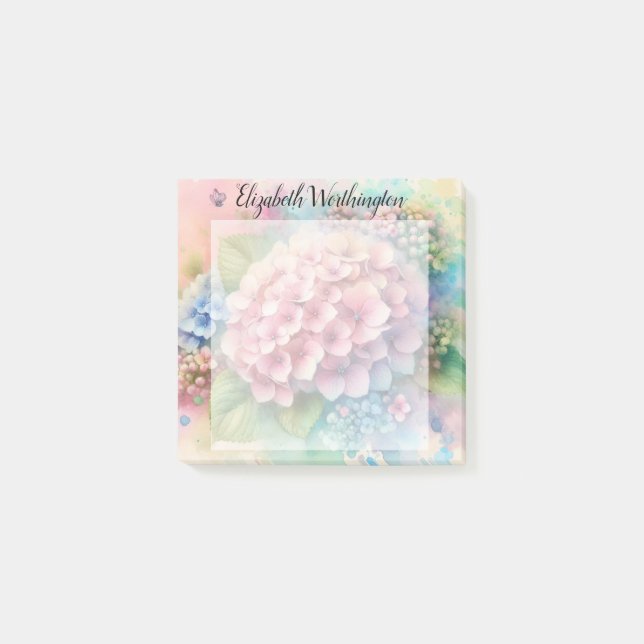 Floral watercolor monogram pink hydrangea  post-it notes (Front)