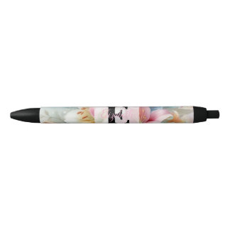 Floral watercolor monogram pink lilies flowers  black ink pen