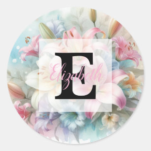 Floral watercolor monogram pink lilies flowers  classic round sticker