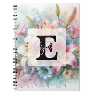 Floral watercolor monogram pink lilies flowers  notebook