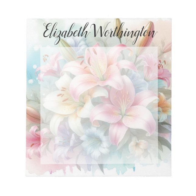 Floral watercolor monogram pink lilies flowers  notepad (Front)