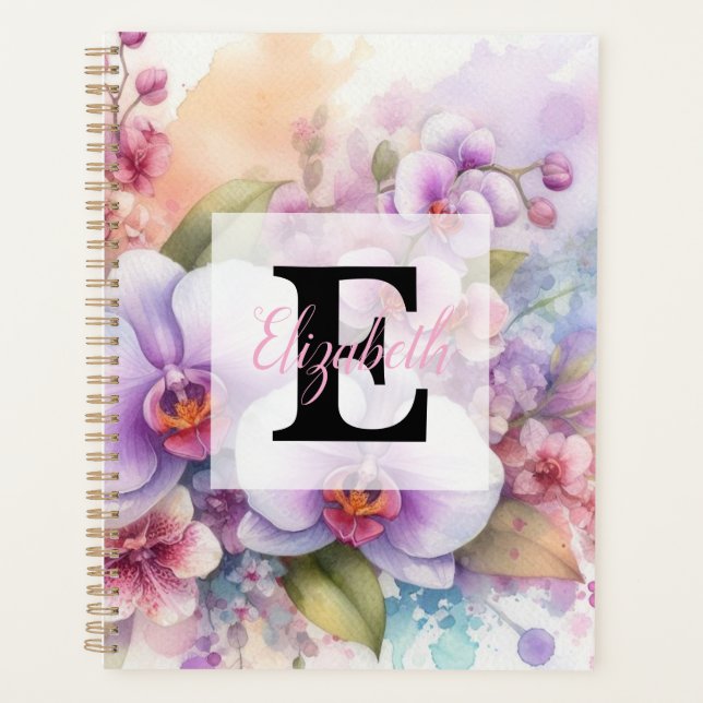 Floral watercolor monogram pink orchid flowers  (Devant)
