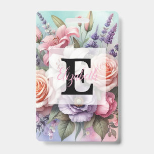Floral watercolor monogram pink purple flowers badge