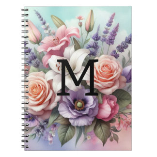 Floral watercolor monogram pink purple flowers  notebook