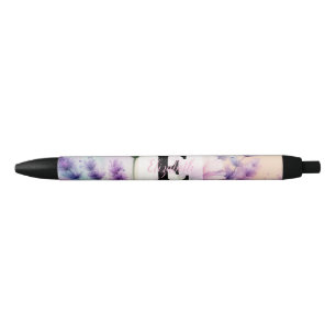 Floral watercolor monogram pink purple lavender black ink pen