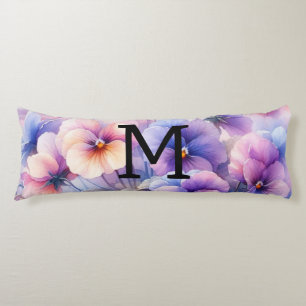 Floral watercolor monogram pink purple pansies  body pillow