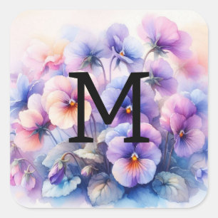 Floral watercolor monogram pink purple pansies square sticker