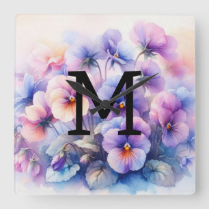 Floral watercolor monogram pink purple pansies square wall clock