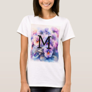 Floral watercolor monogram pink purple pansies T-Shirt