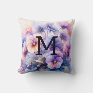 Floral watercolor monogram pink purple pansies  throw pillow