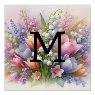 Floral watercolor monogram pink purple tulips poster