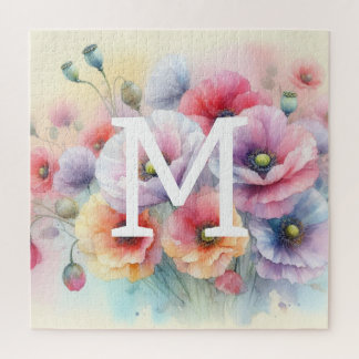 Floral watercolor monogram pink red poppy flowers  jigsaw puzzle