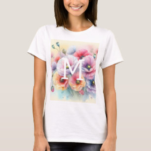 Floral watercolor monogram pink red poppy flowers T-Shirt