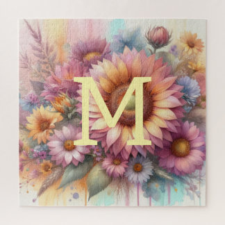 Floral watercolor monogram pink yellow sunflower  jigsaw puzzle