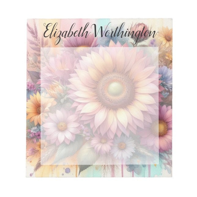 Floral watercolor monogram pink yellow sunflower  notepad (Front)