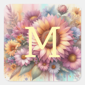 Floral watercolor monogram pink yellow sunflower  square sticker