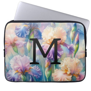Floral watercolor monogram purple iris flowers laptop sleeve