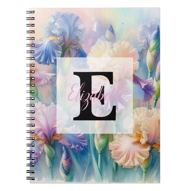 Floral watercolor monogram purple iris flowers notebook (Front)