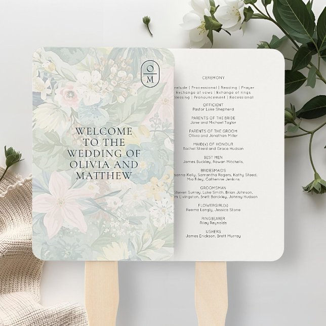 Floral Watercolor Monogram Wedding Program  Hand Fan (Creator Uploaded)