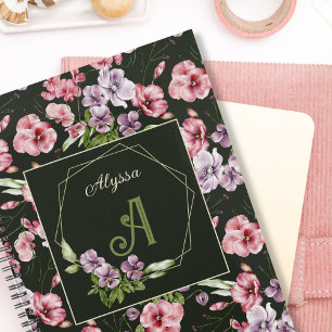 Floral Watercolor Monogrammed Name Elegant Black Planner