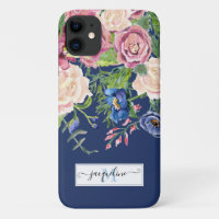 Floral Watercolor Navy Blue Burgundy Elegant Peony