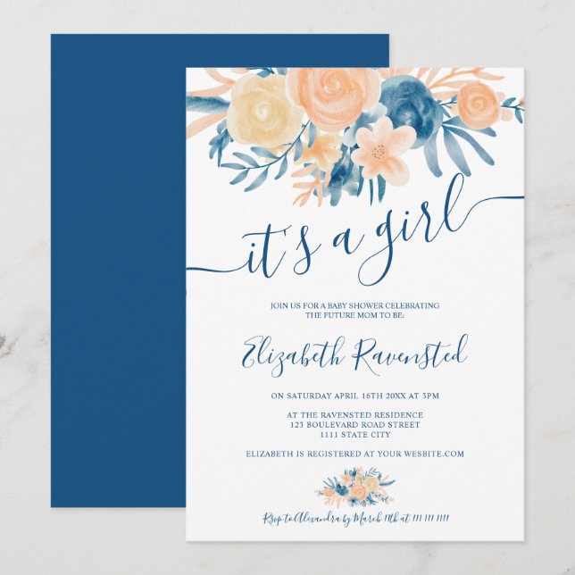 Floral watercolor navy blue peach baby shower invitation (Front/Back)