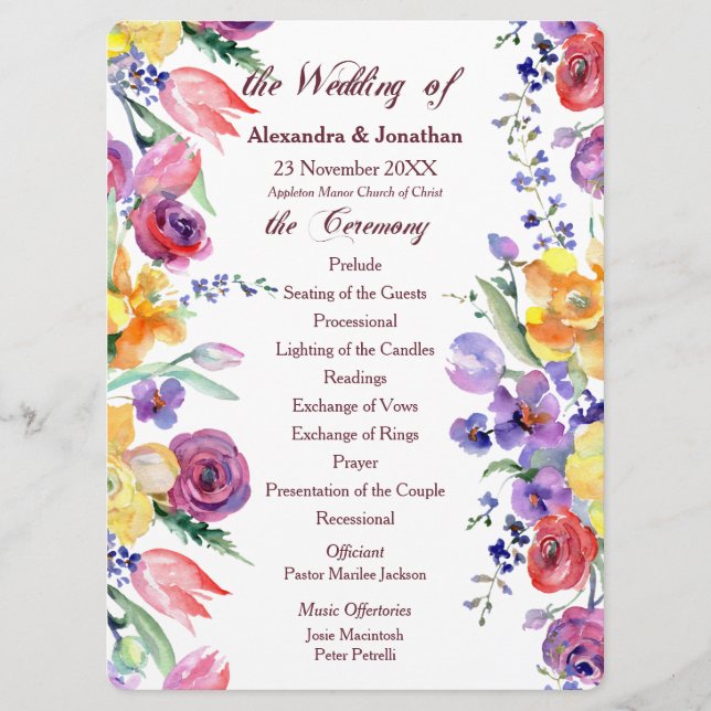 Floral Watercolor on White Flat Wedding Program (Front)