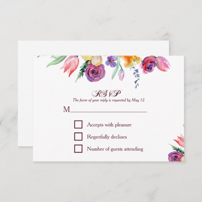 Floral Watercolor on White RSVP and Menu (Front/Back)