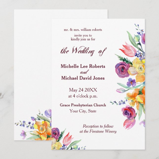 Floral Watercolor on White Wedding Invitation (Front/Back)