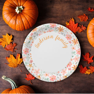 Floral watercolor orange name thanksgiving paper plate