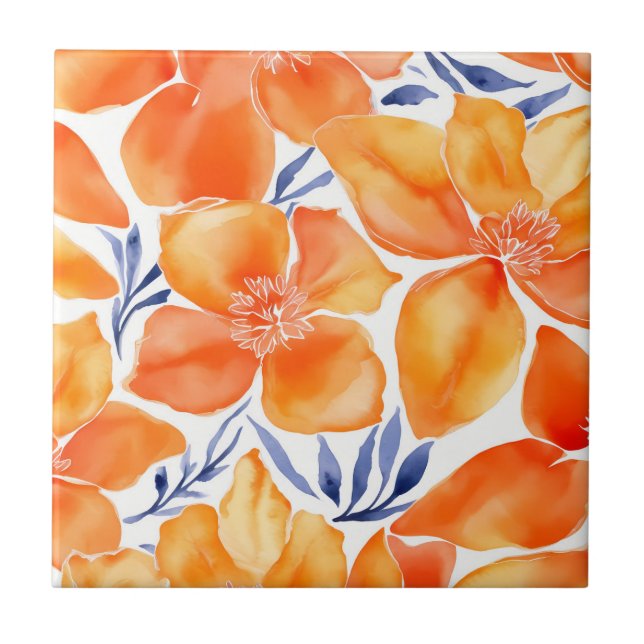 Floral watercolor orange pattern tile (Front)