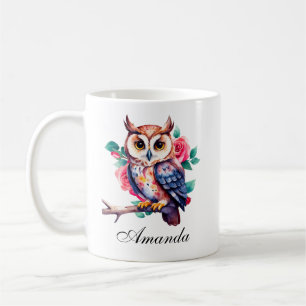 Floral Watercolor Owl and Roses Coffee Mug