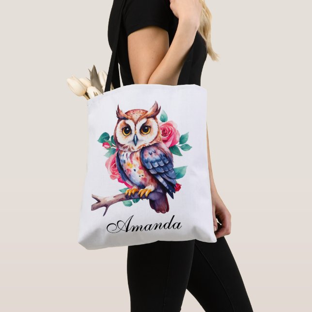Floral Watercolor Owl and Roses Tote Bag (Close Up)