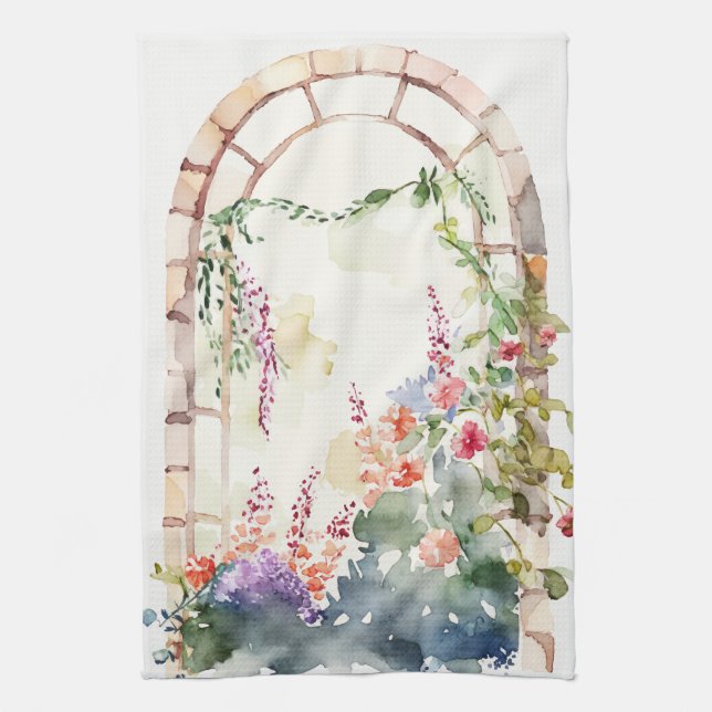 Floral Watercolor Painted Arch Kitchen Towel (Vertical)
