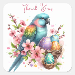 Floral Watercolor Parrot and Easter Eggs Square Sticker